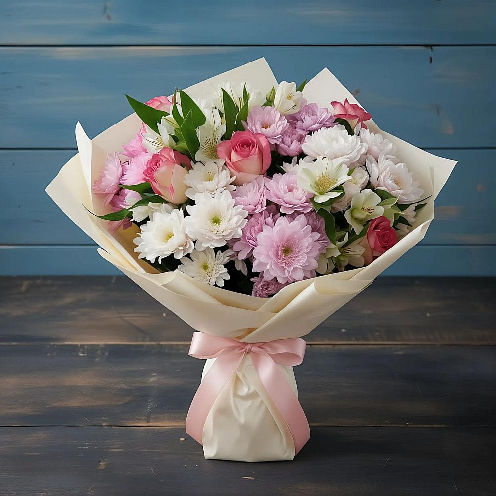 Букет цветов из: Хризантемы, Альстромерии и Розы в Головинка Сочи